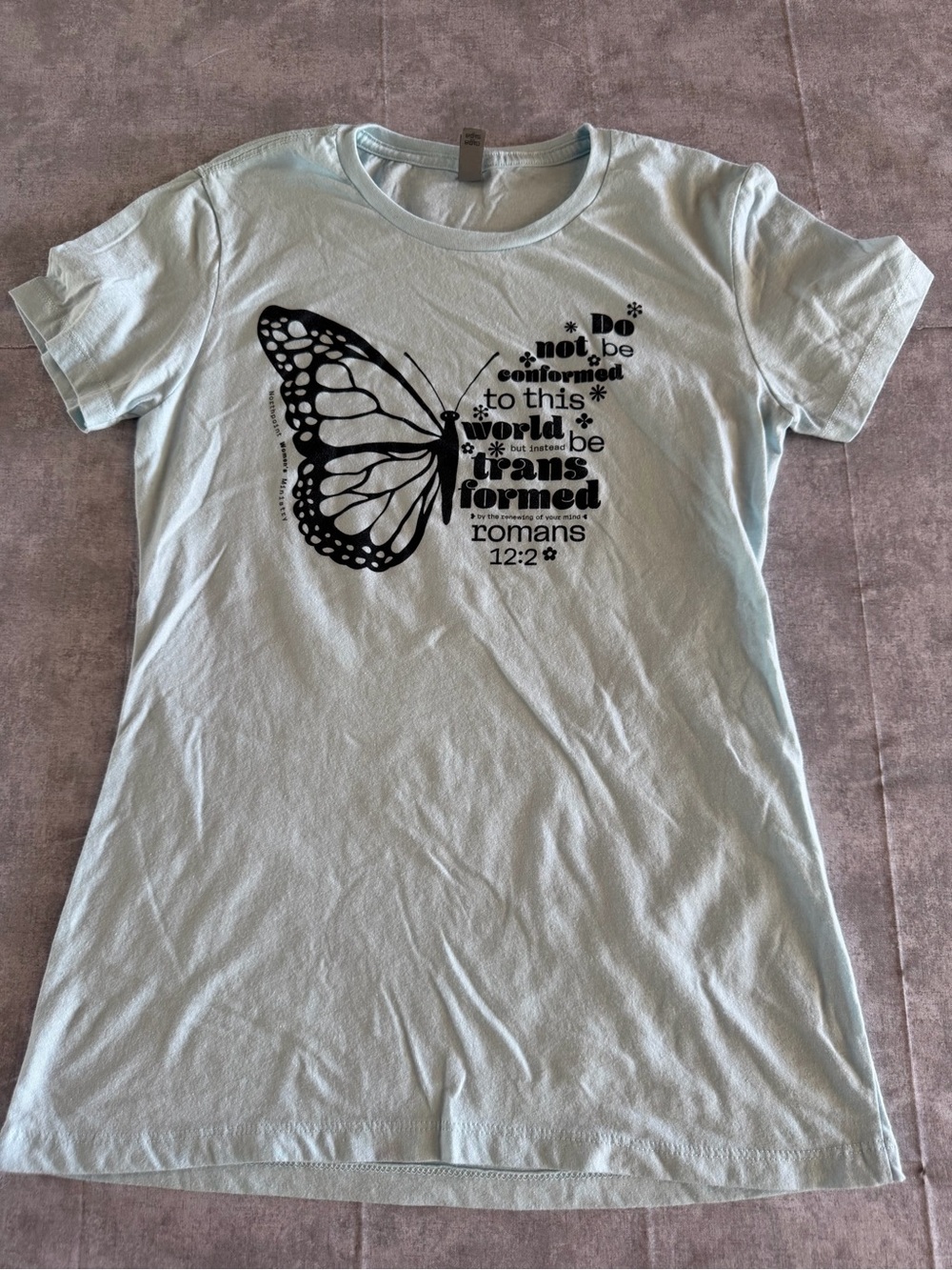 Next Level Apparel Light Blue Tee with Black Butterfly & Scripture